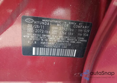 2012 Hyundai Elantra Gls (Ulsan Plant) from USA, damaged, VIN KMHDH4AE2CU263319